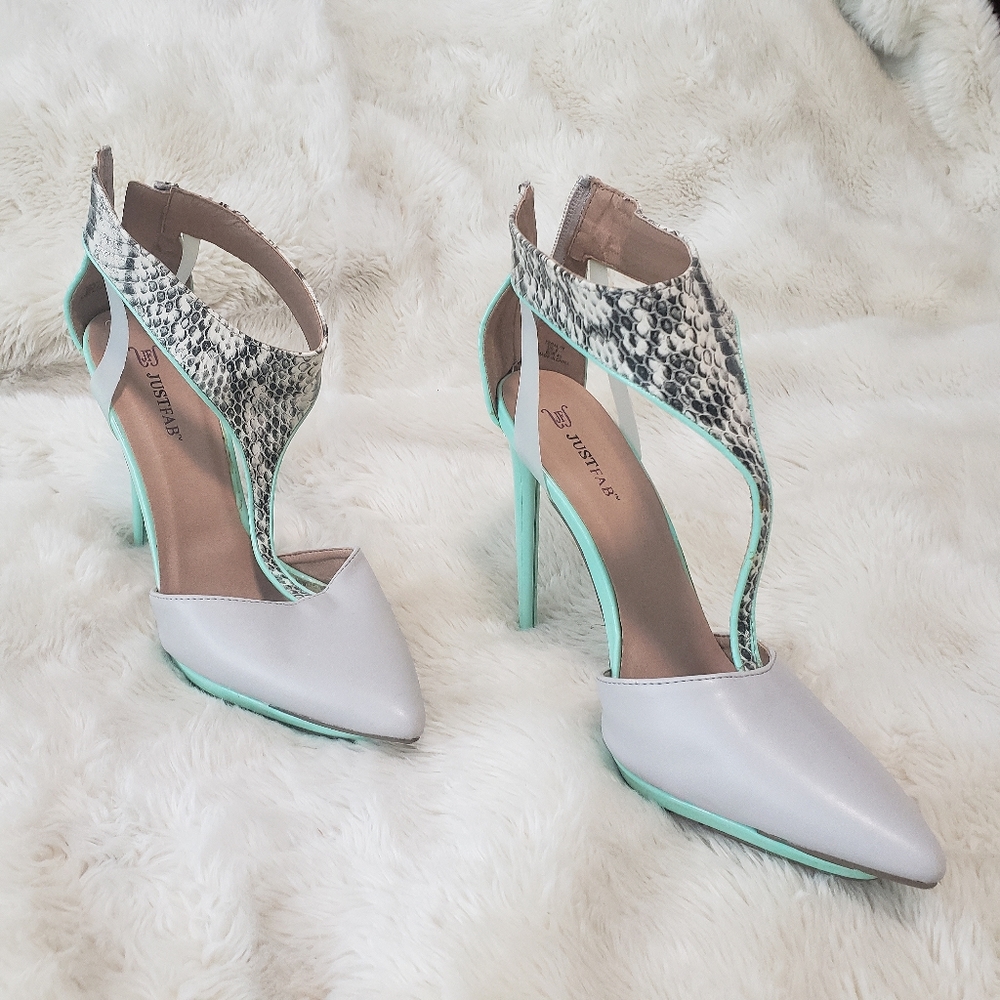 JustFab mint, grey and snakeskin heels